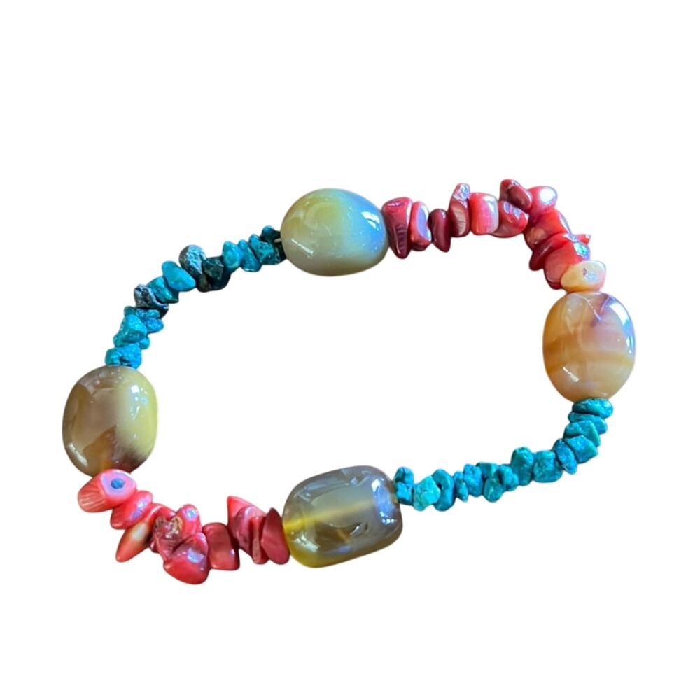 Turquoises, Coral and Stone Elasticized Bracelet Earthy Natural Stretch